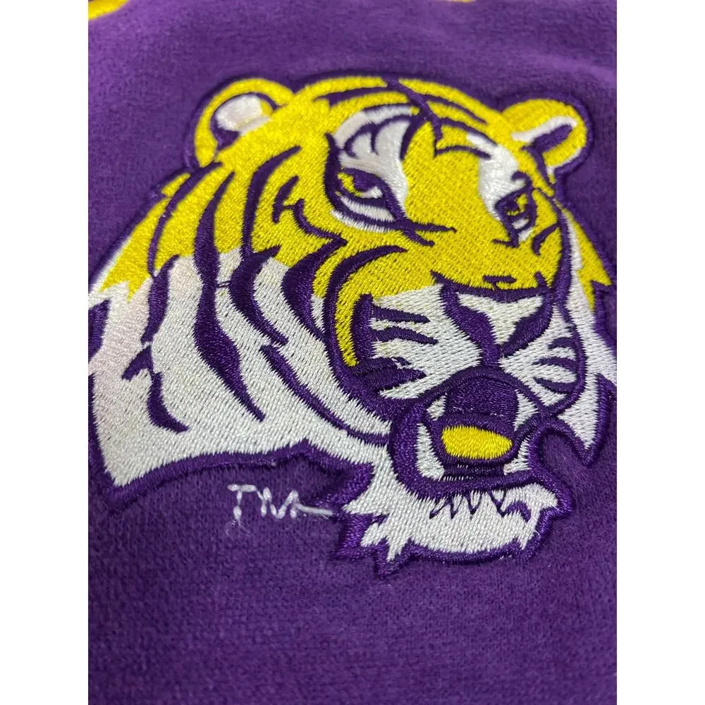 Vtg 90s LSU Tigers Unisex Drawstring Backpack Fleece Purple Spellout Cinch Bag